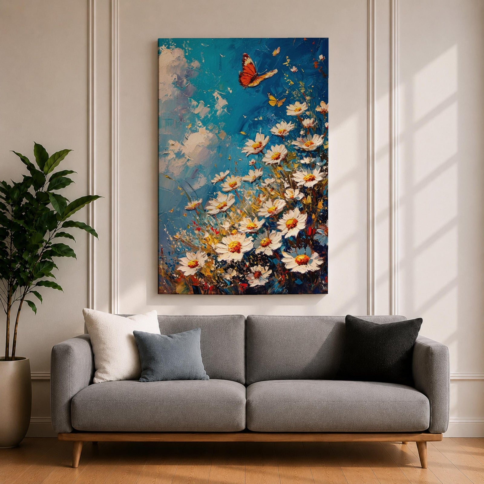 This impasto style framed canvas features a vibrant monarch butterfly fluttering above a cluster of white daisies with yellow centers against a textured blue sky background. The thick brushstrokes create a rich, textured floral composition emphasizing natural beauty and butterfly life in a lively garden scene.
