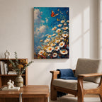This impasto style framed canvas features a vibrant monarch butterfly fluttering above a cluster of white daisies with yellow centers against a textured blue sky background. The thick brushstrokes create a rich, textured floral composition emphasizing natural beauty and butterfly life in a lively garden scene.