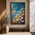This impasto style framed canvas features a vibrant monarch butterfly fluttering above a cluster of white daisies with yellow centers against a textured blue sky background. The thick brushstrokes create a rich, textured floral composition emphasizing natural beauty and butterfly life in a lively garden scene.