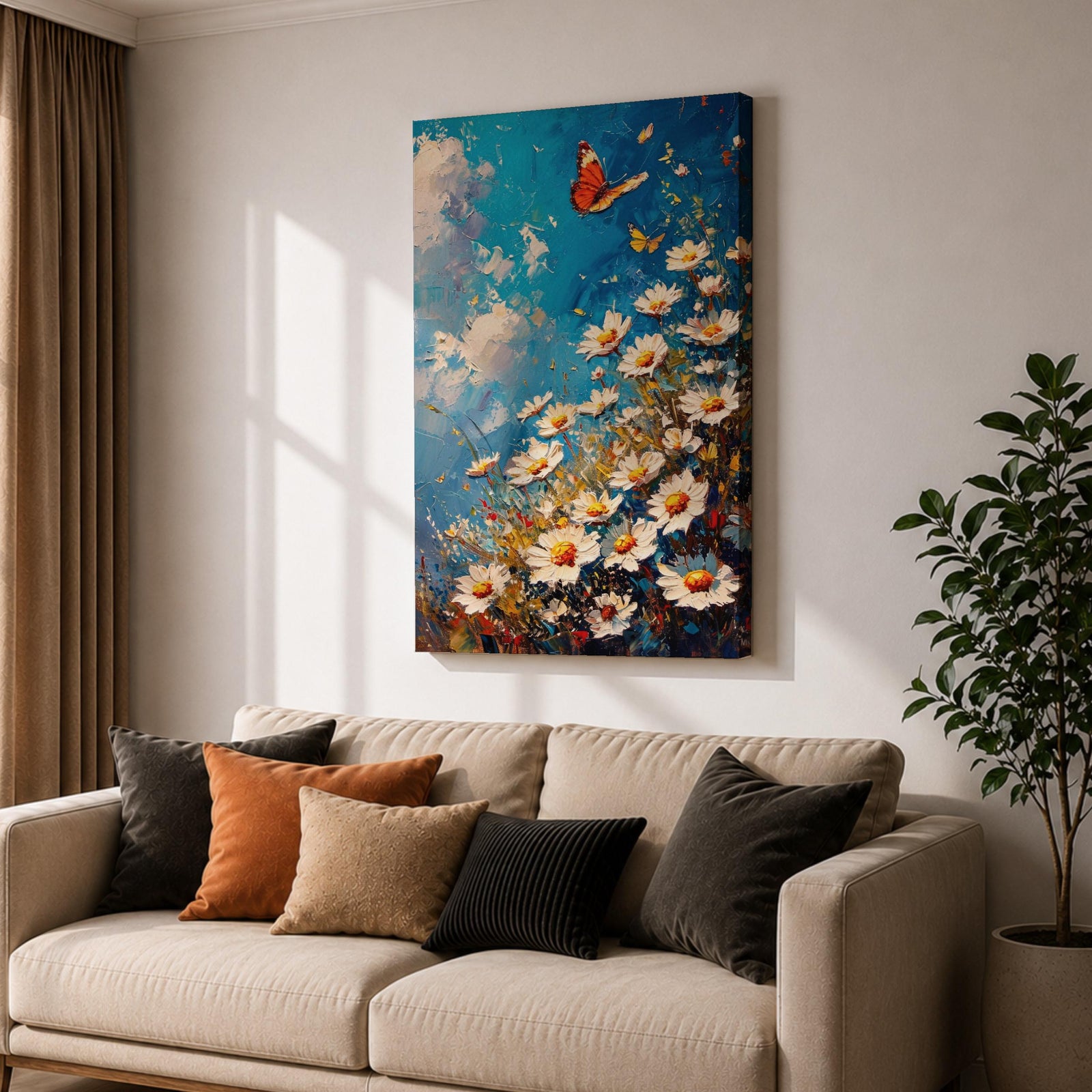This impasto style framed canvas features a vibrant monarch butterfly fluttering above a cluster of white daisies with yellow centers against a textured blue sky background. The thick brushstrokes create a rich, textured floral composition emphasizing natural beauty and butterfly life in a lively garden scene.