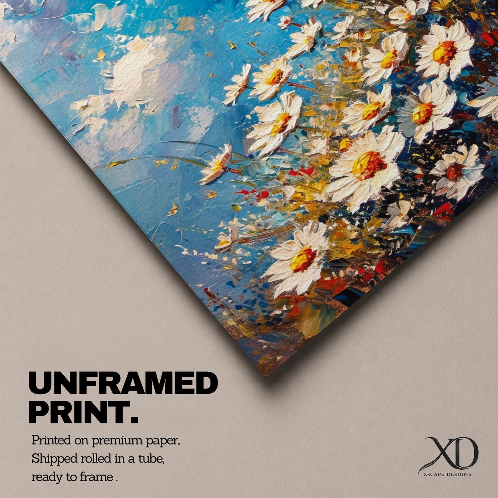 This impasto style framed canvas features a vibrant monarch butterfly fluttering above a cluster of white daisies with yellow centers against a textured blue sky background. The thick brushstrokes create a rich, textured floral composition emphasizing natural beauty and butterfly life in a lively garden scene.