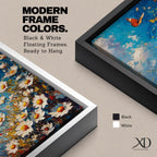 This impasto style framed canvas features a vibrant monarch butterfly fluttering above a cluster of white daisies with yellow centers against a textured blue sky background. The thick brushstrokes create a rich, textured floral composition emphasizing natural beauty and butterfly life in a lively garden scene.