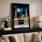 Painting of the Kaaba at Masjid Al Haram under a night sky filled with stars and a large full moon, surrounded by illuminated mosque arcades and tall minarets with pilgrims gathered around the sacred cube, while the green dome of Masjid Al Nabawi appears in the background within the composition.