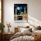 Painting of the Kaaba at Masjid Al Haram under a night sky filled with stars and a large full moon, surrounded by illuminated mosque arcades and tall minarets with pilgrims gathered around the sacred cube, while the green dome of Masjid Al Nabawi appears in the background within the composition.