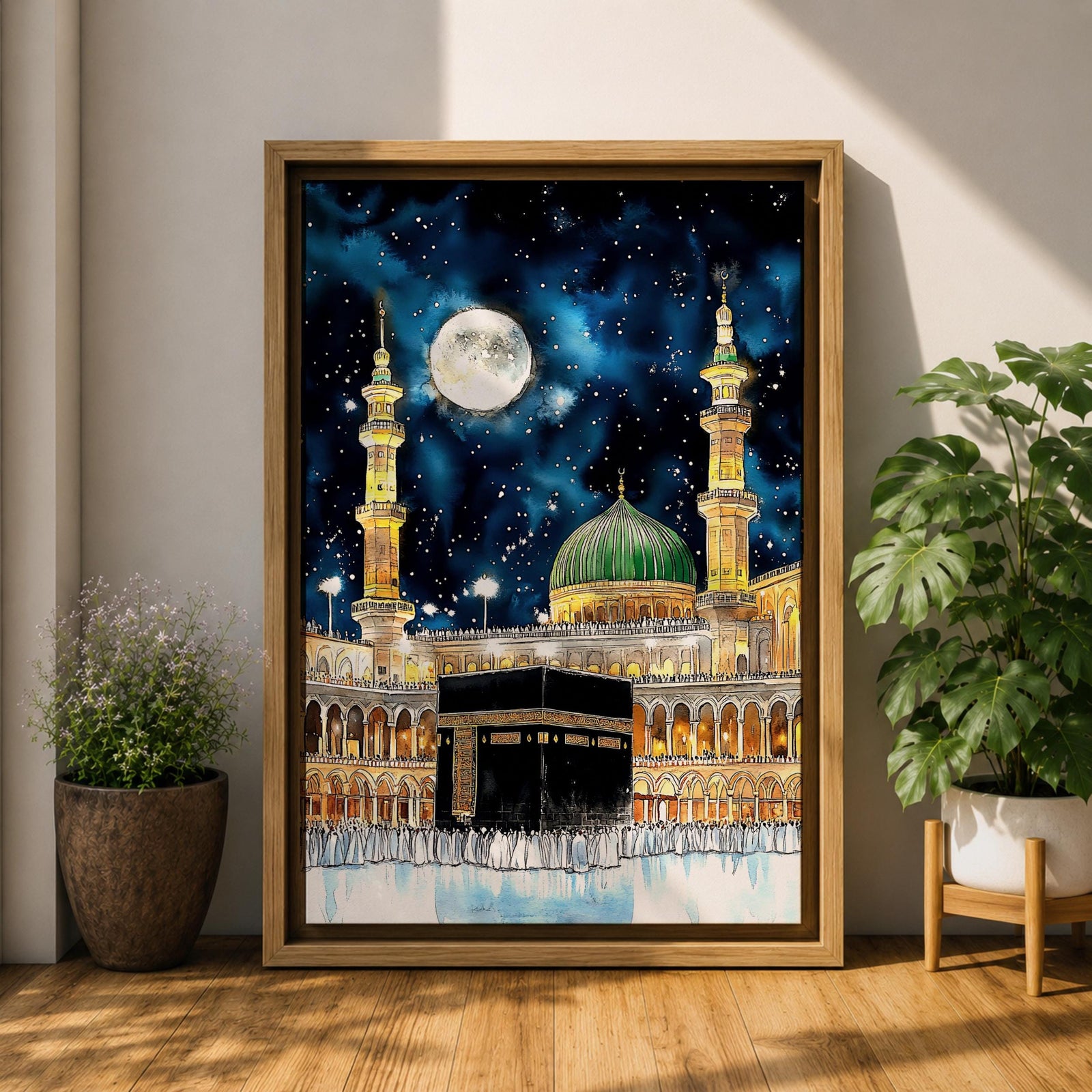 Painting of the Kaaba at Masjid Al Haram under a night sky filled with stars and a large full moon, surrounded by illuminated mosque arcades and tall minarets with pilgrims gathered around the sacred cube, while the green dome of Masjid Al Nabawi appears in the background within the composition.