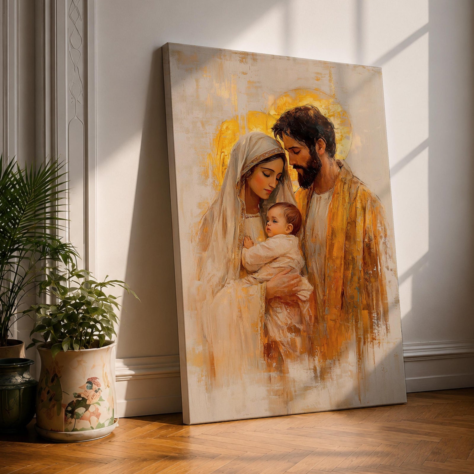 Painting of the Holy Family showing Mary and Joseph gently holding the infant Jesus together with soft golden halos behind their heads, Mary wearing a light veil and Joseph standing beside her, rendered in a warm vintage style with expressive brush textures and a devotional nativity composition centered on baby Jesus.