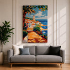 A vibrant Mediterranean coastal scene painted in bold brushstrokes depicts a charming beach house with terracotta roofs beside the deep blue ocean under a bright sky with scattered clouds. Lush greenery and colorful flowers frame the pathway leading to the water, rendered in a lively impressionistic style.