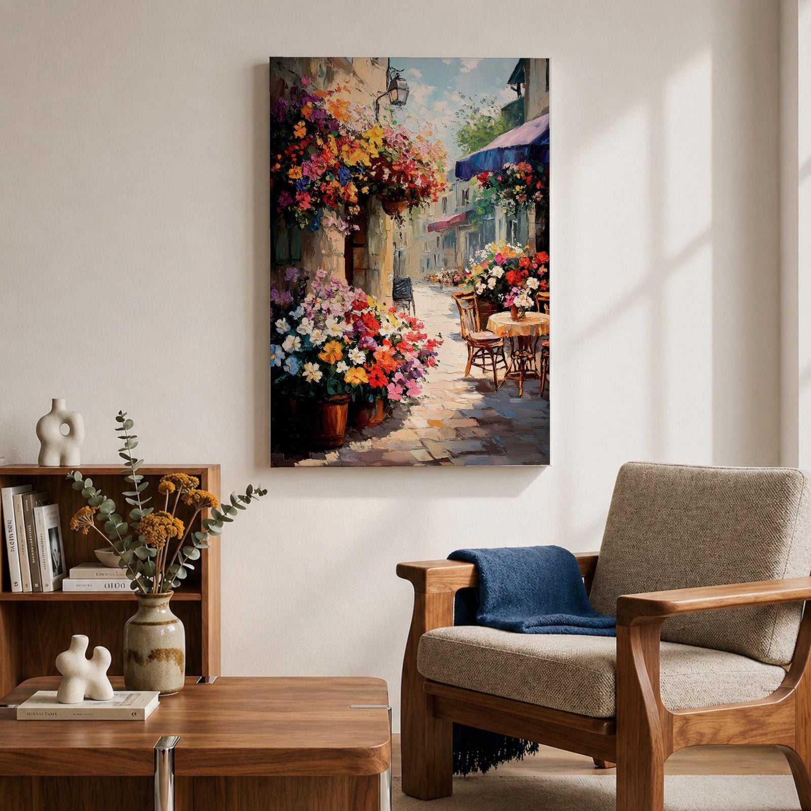 European Cafe Street Wall Art Mediterranean Floral Alley Gift Living Room Home Decor Travel