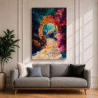 A vibrant painting of a garden archway made of stone blocks leading to a sunlit path surrounded by colorful flowers and lush foliage, rendered in a detailed, naturalistic style capturing the inviting beauty of a fantasy nature scene.
