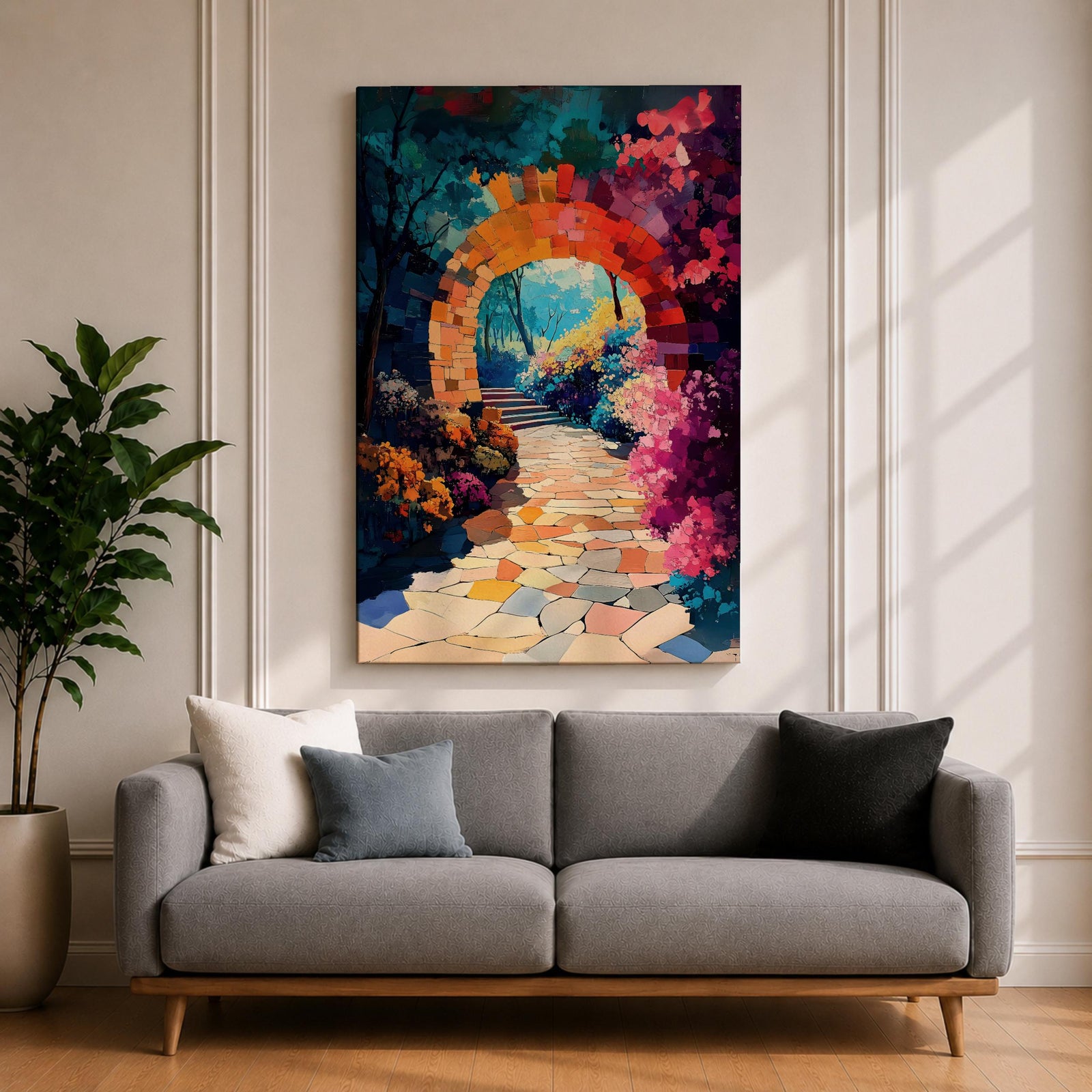 A vibrant painting of a garden archway made of stone blocks leading to a sunlit path surrounded by colorful flowers and lush foliage, rendered in a detailed, naturalistic style capturing the inviting beauty of a fantasy nature scene.