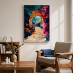 A vibrant painting of a garden archway made of stone blocks leading to a sunlit path surrounded by colorful flowers and lush foliage, rendered in a detailed, naturalistic style capturing the inviting beauty of a fantasy nature scene.