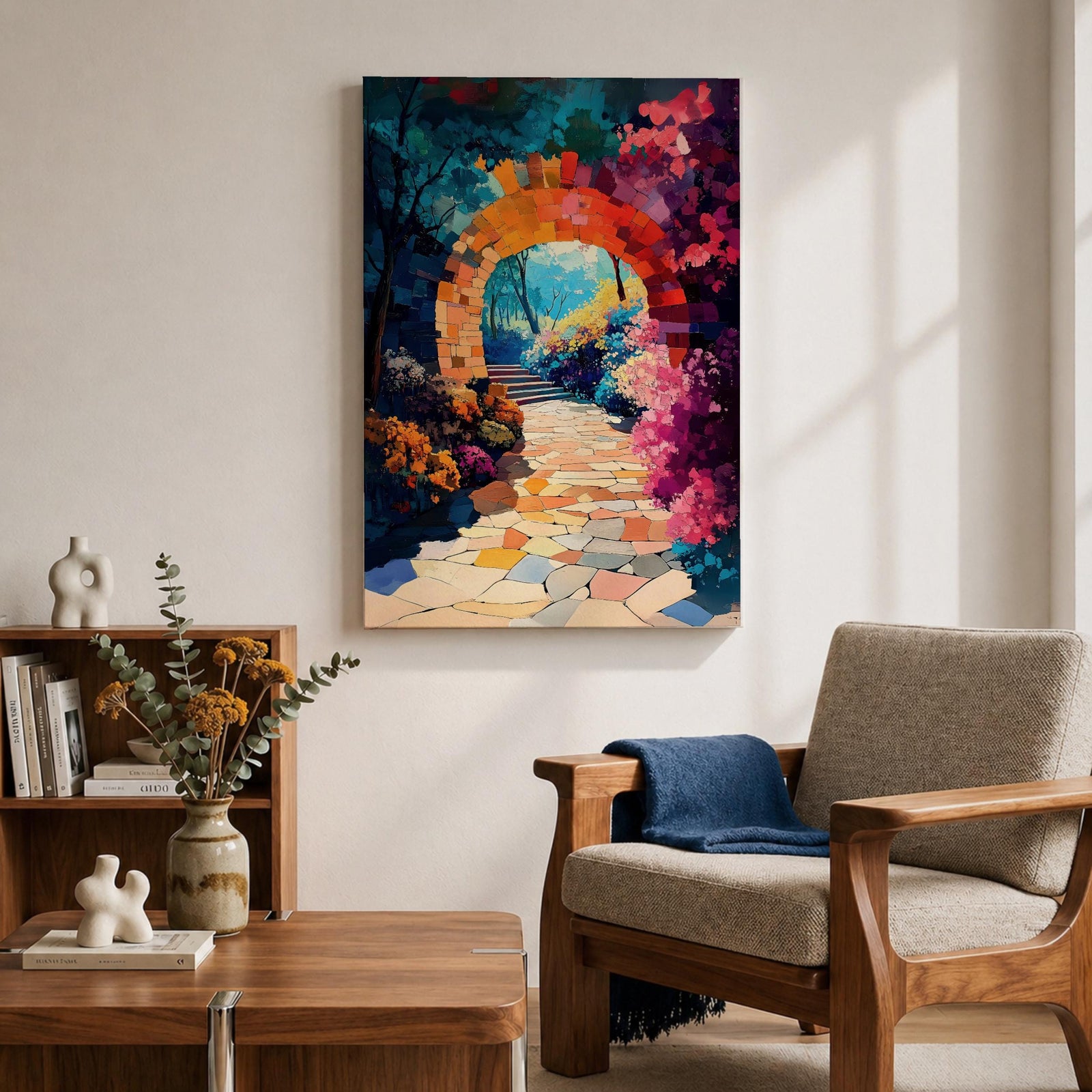 A vibrant painting of a garden archway made of stone blocks leading to a sunlit path surrounded by colorful flowers and lush foliage, rendered in a detailed, naturalistic style capturing the inviting beauty of a fantasy nature scene.