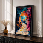 A vibrant painting of a garden archway made of stone blocks leading to a sunlit path surrounded by colorful flowers and lush foliage, rendered in a detailed, naturalistic style capturing the inviting beauty of a fantasy nature scene.