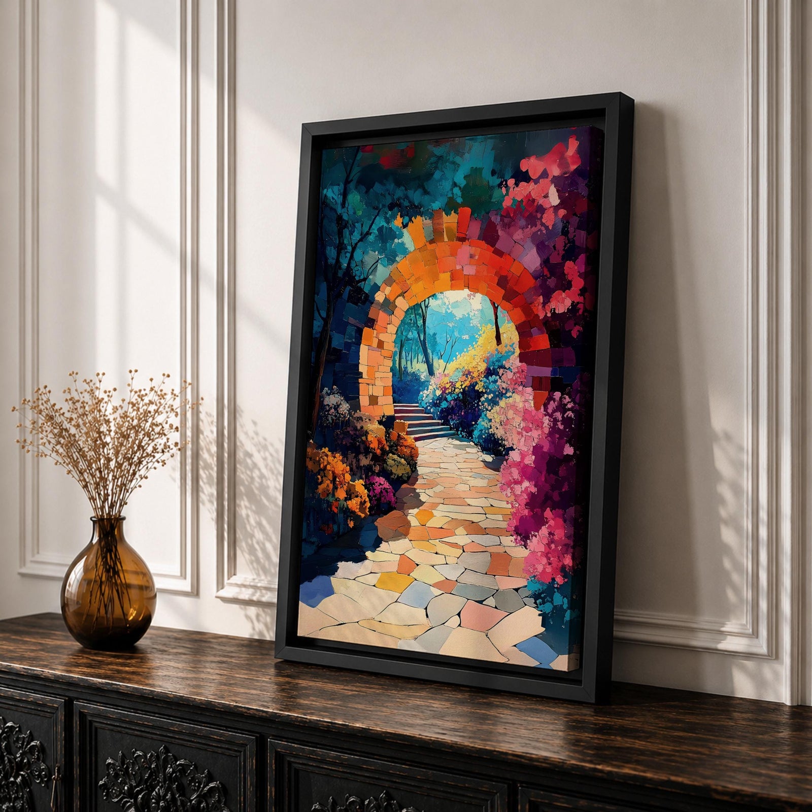 A vibrant painting of a garden archway made of stone blocks leading to a sunlit path surrounded by colorful flowers and lush foliage, rendered in a detailed, naturalistic style capturing the inviting beauty of a fantasy nature scene.