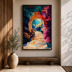 A vibrant painting of a garden archway made of stone blocks leading to a sunlit path surrounded by colorful flowers and lush foliage, rendered in a detailed, naturalistic style capturing the inviting beauty of a fantasy nature scene.