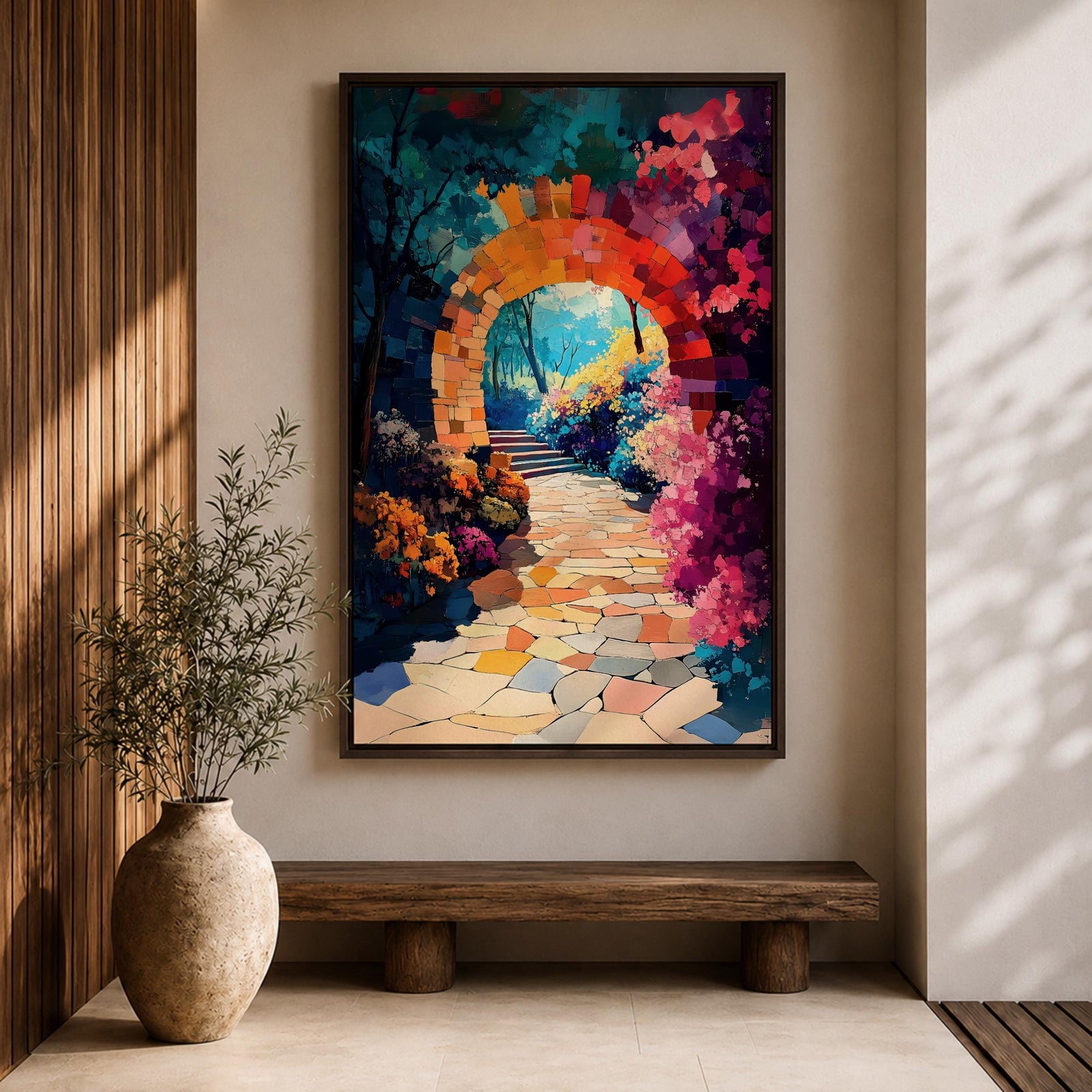 A vibrant painting of a garden archway made of stone blocks leading to a sunlit path surrounded by colorful flowers and lush foliage, rendered in a detailed, naturalistic style capturing the inviting beauty of a fantasy nature scene.