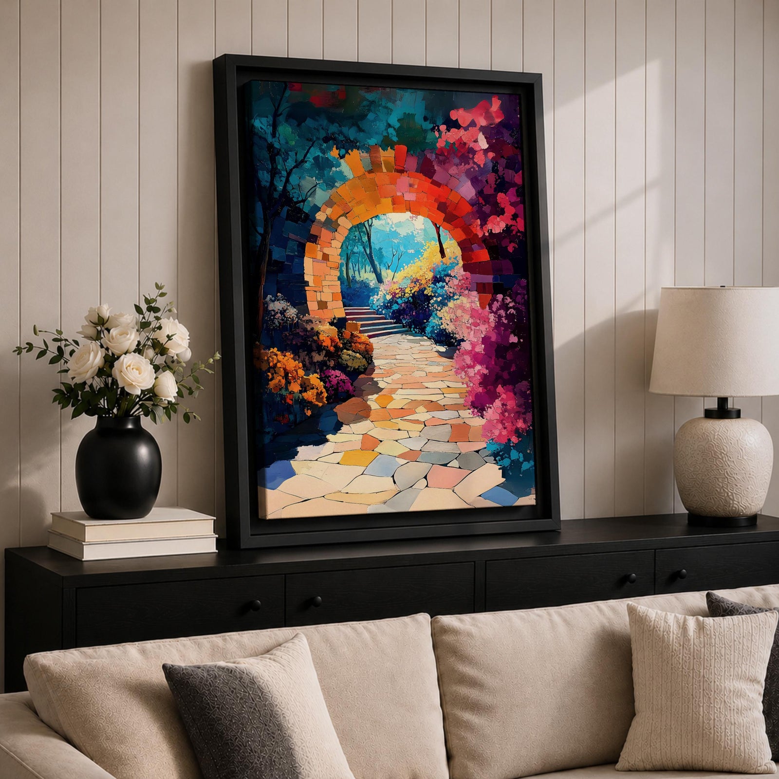 A vibrant painting of a garden archway made of stone blocks leading to a sunlit path surrounded by colorful flowers and lush foliage, rendered in a detailed, naturalistic style capturing the inviting beauty of a fantasy nature scene.
