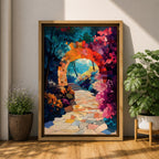 A vibrant painting of a garden archway made of stone blocks leading to a sunlit path surrounded by colorful flowers and lush foliage, rendered in a detailed, naturalistic style capturing the inviting beauty of a fantasy nature scene.