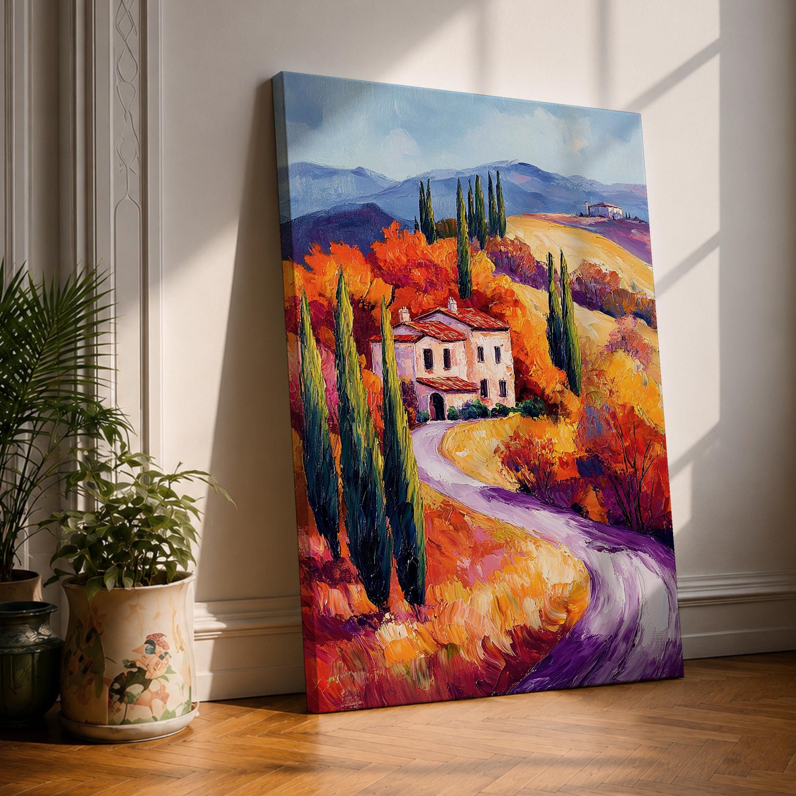 This impasto style painting depicts a winding road through the Tuscan countryside with tall cypress trees, vibrant autumn foliage, and rolling hills leading to a rustic villa. The textured brushstrokes emphasize the rich colors and depth of the Italian landscape scene.