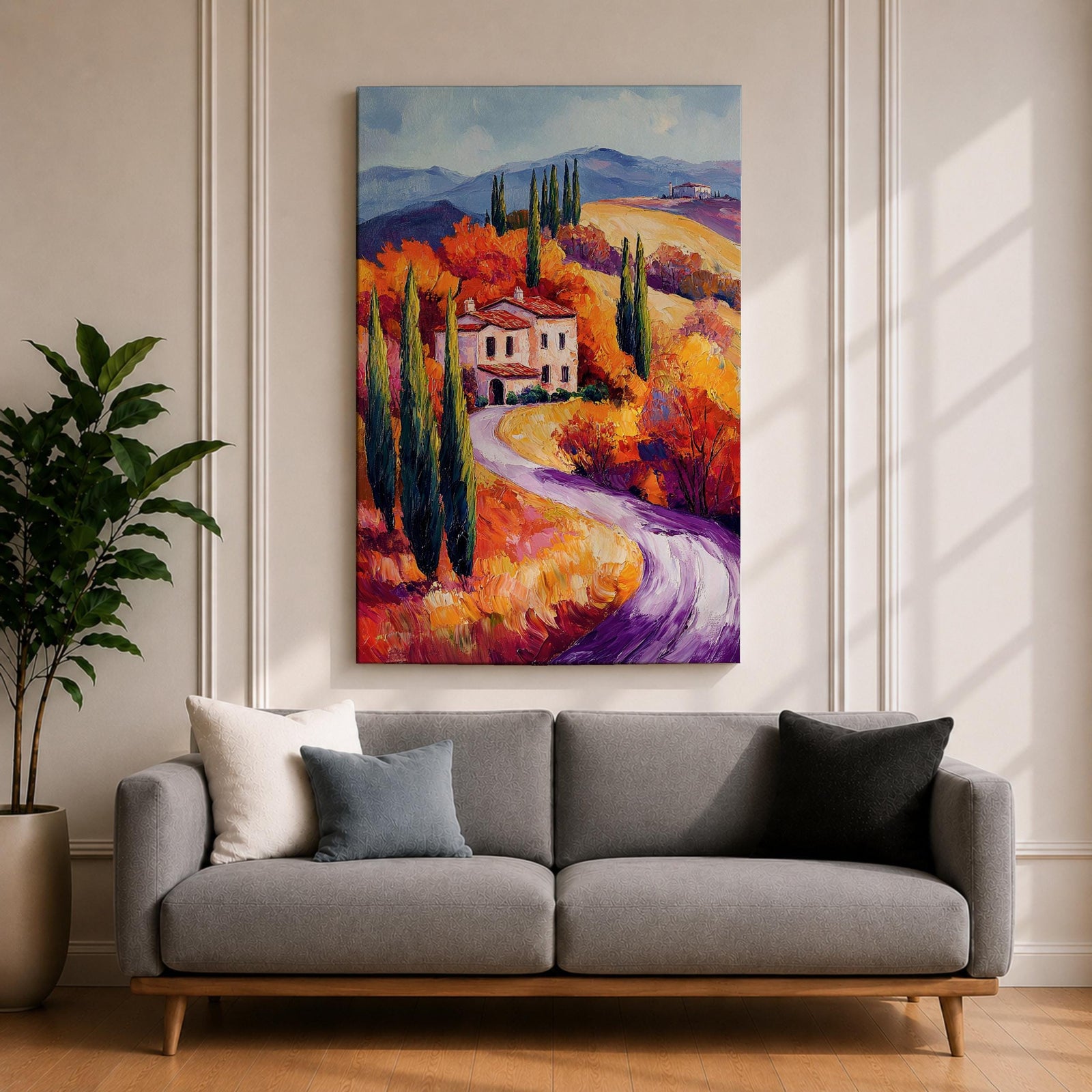 This impasto style painting depicts a winding road through the Tuscan countryside with tall cypress trees, vibrant autumn foliage, and rolling hills leading to a rustic villa. The textured brushstrokes emphasize the rich colors and depth of the Italian landscape scene.