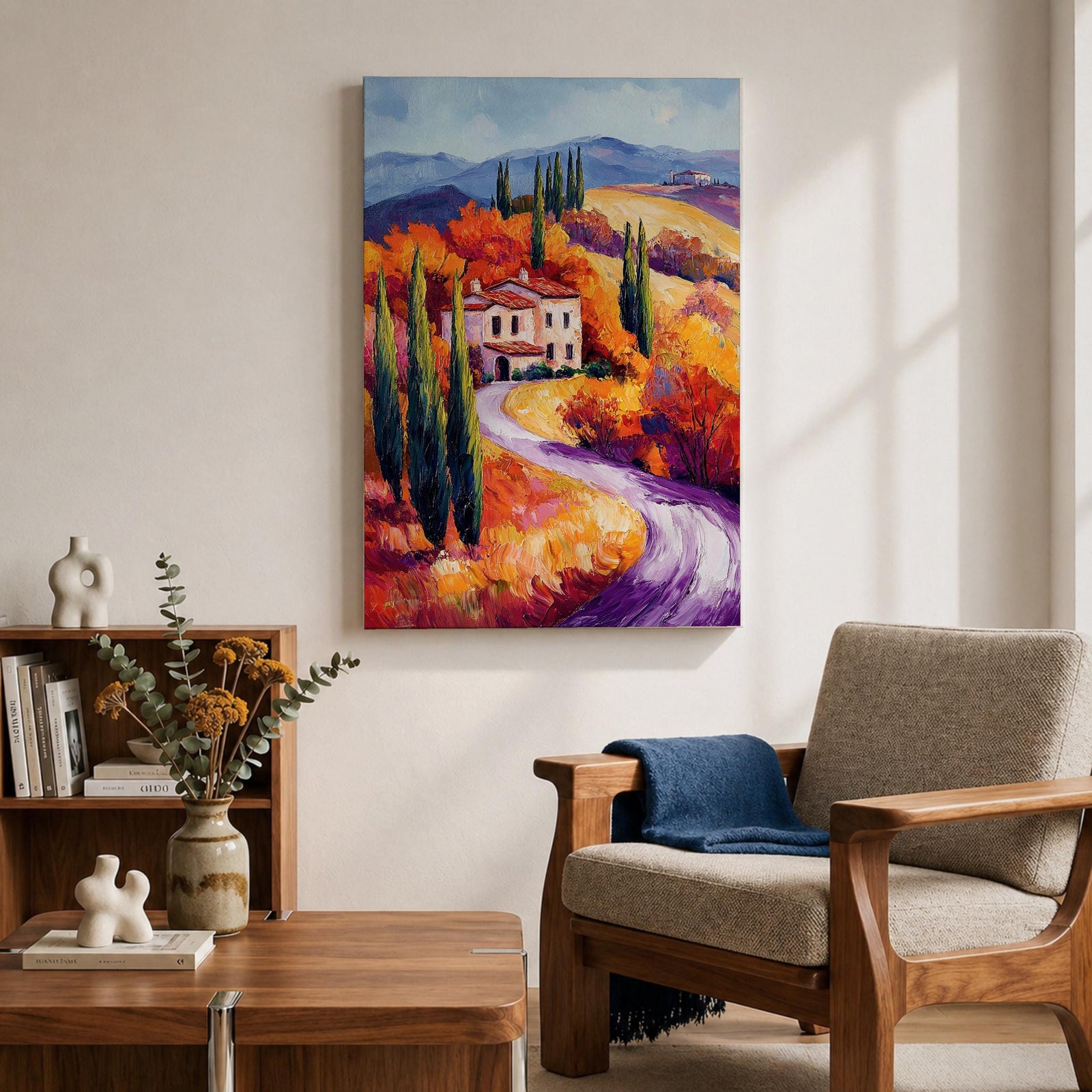 This impasto style painting depicts a winding road through the Tuscan countryside with tall cypress trees, vibrant autumn foliage, and rolling hills leading to a rustic villa. The textured brushstrokes emphasize the rich colors and depth of the Italian landscape scene.