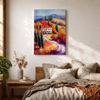 This impasto style painting depicts a winding road through the Tuscan countryside with tall cypress trees, vibrant autumn foliage, and rolling hills leading to a rustic villa. The textured brushstrokes emphasize the rich colors and depth of the Italian landscape scene.