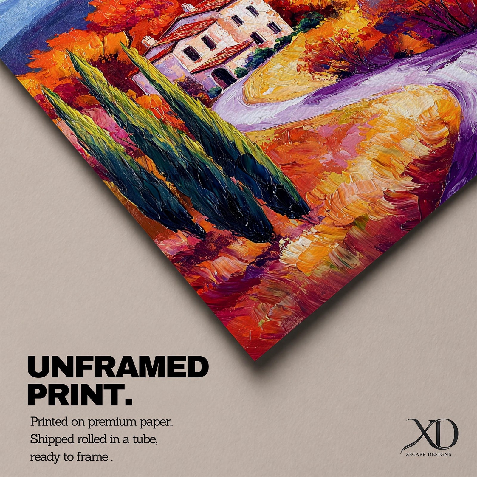 This impasto style painting depicts a winding road through the Tuscan countryside with tall cypress trees, vibrant autumn foliage, and rolling hills leading to a rustic villa. The textured brushstrokes emphasize the rich colors and depth of the Italian landscape scene.