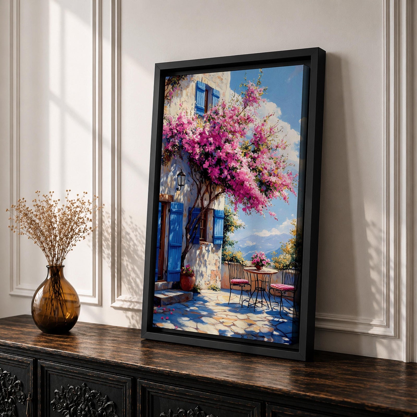 Santorini Patio Wall Art Greek Island Bistro Floral Travel Gift Dining Room Home Decor