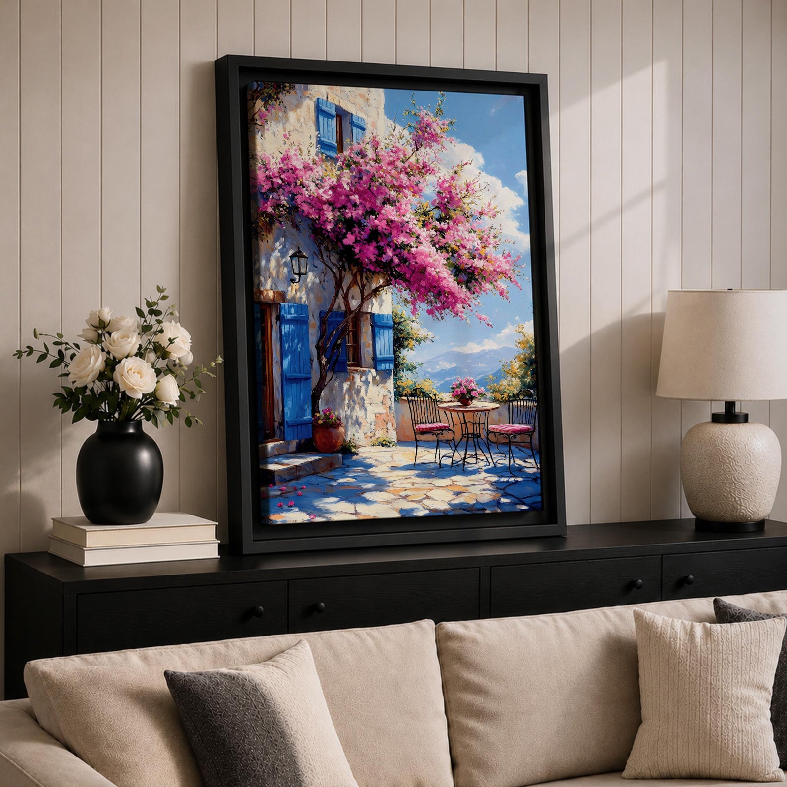 Santorini Patio Wall Art Greek Island Bistro Floral Travel Gift Dining Room Home Decor