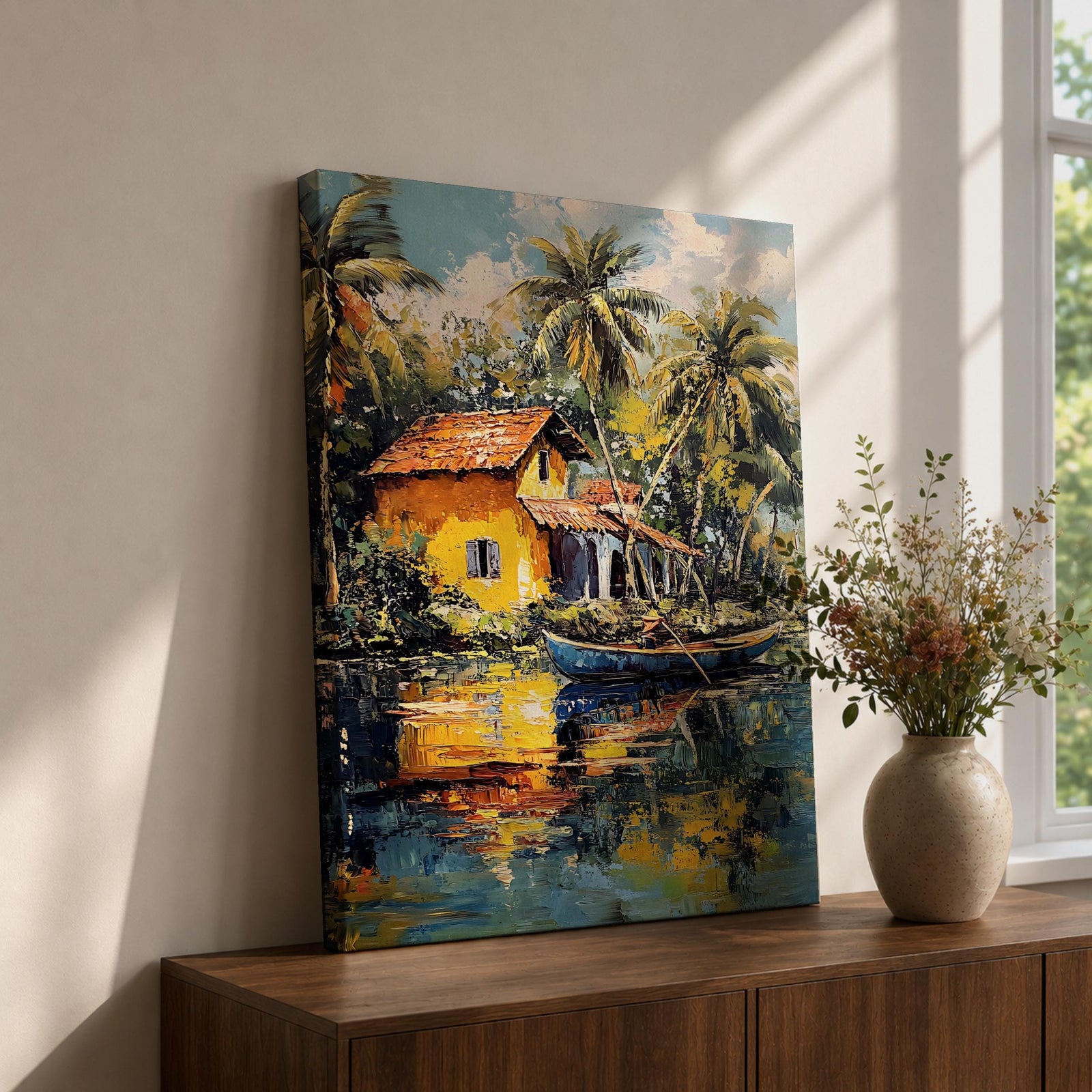 An impasto style painting depicting a tropical lake house with a yellow cottage surrounded by palm trees and lush greenery. A small boat rests on the calm water reflecting the vibrant colors of the house and foliage, capturing a serene lakeside coastal landscape scene.
