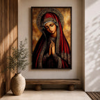 A detailed Byzantine icon style portrait of the Virgin Mary with a solemn expression, hands clasped in prayer, wearing a richly decorated red and gold robe and halo, rendered in a traditional religious art style with warm tones and intricate patterns.
