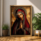 A detailed Byzantine icon style portrait of the Virgin Mary with a solemn expression, hands clasped in prayer, wearing a richly decorated red and gold robe and halo, rendered in a traditional religious art style with warm tones and intricate patterns.