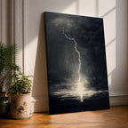 A framed canvas wall art depicting a dramatic lightning bolt striking over a stormy ocean seascape. The dark clouds and turbulent water create a powerful natural scene emphasizing the raw energy of lightning over the sea, captured in a realistic style.