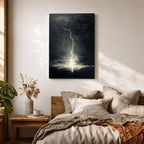 A framed canvas wall art depicting a dramatic lightning bolt striking over a stormy ocean seascape. The dark clouds and turbulent water create a powerful natural scene emphasizing the raw energy of lightning over the sea, captured in a realistic style.