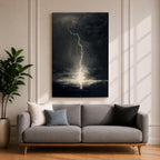 A framed canvas wall art depicting a dramatic lightning bolt striking over a stormy ocean seascape. The dark clouds and turbulent water create a powerful natural scene emphasizing the raw energy of lightning over the sea, captured in a realistic style.