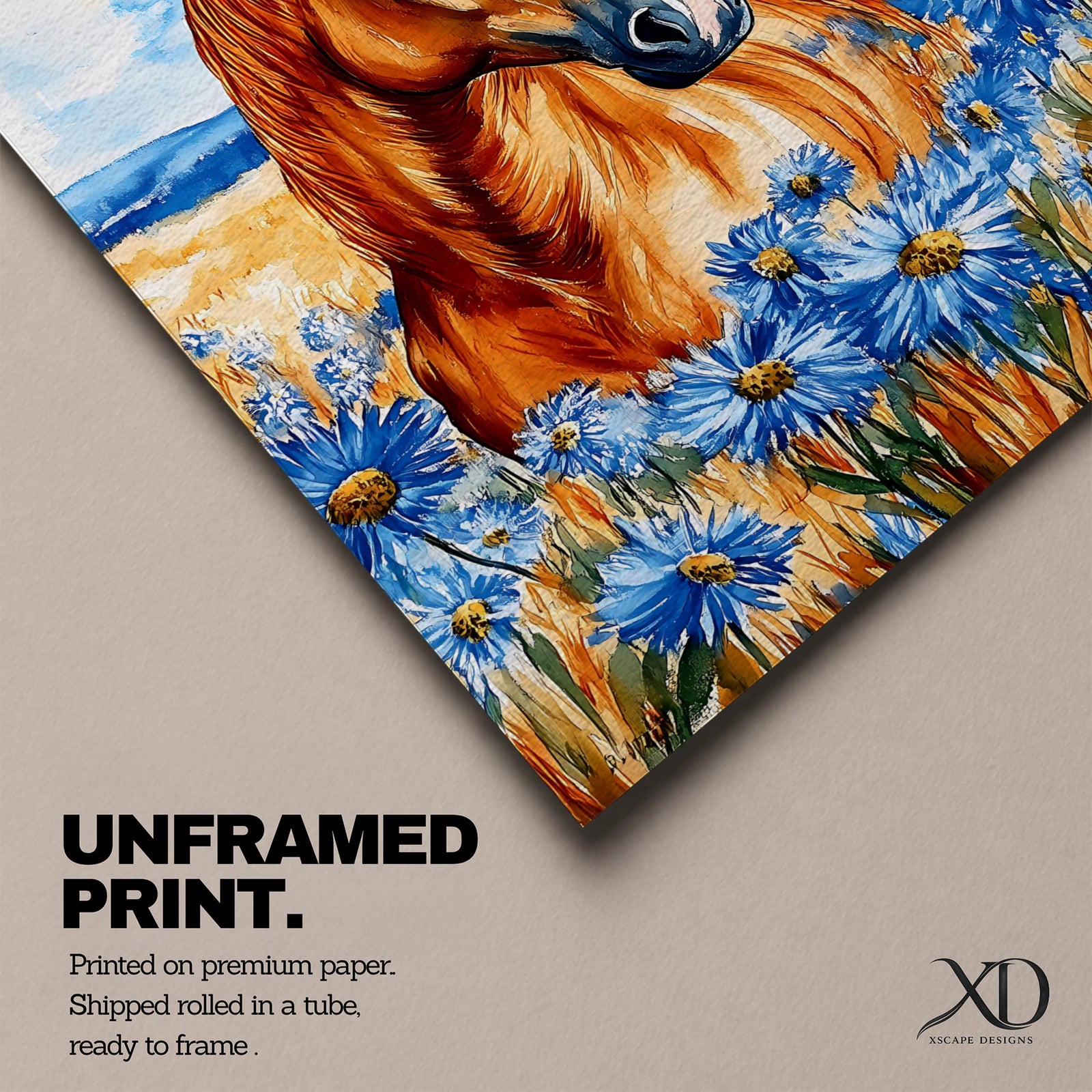 A vibrant watercolor painting of a wild horse with flowing mane standing amidst blue wildflowers in a natural field setting. The artwork captures the horse’s dynamic presence and the delicate floral details with expressive brushstrokes and rich colors, emphasizing a rustic and natural animal theme.