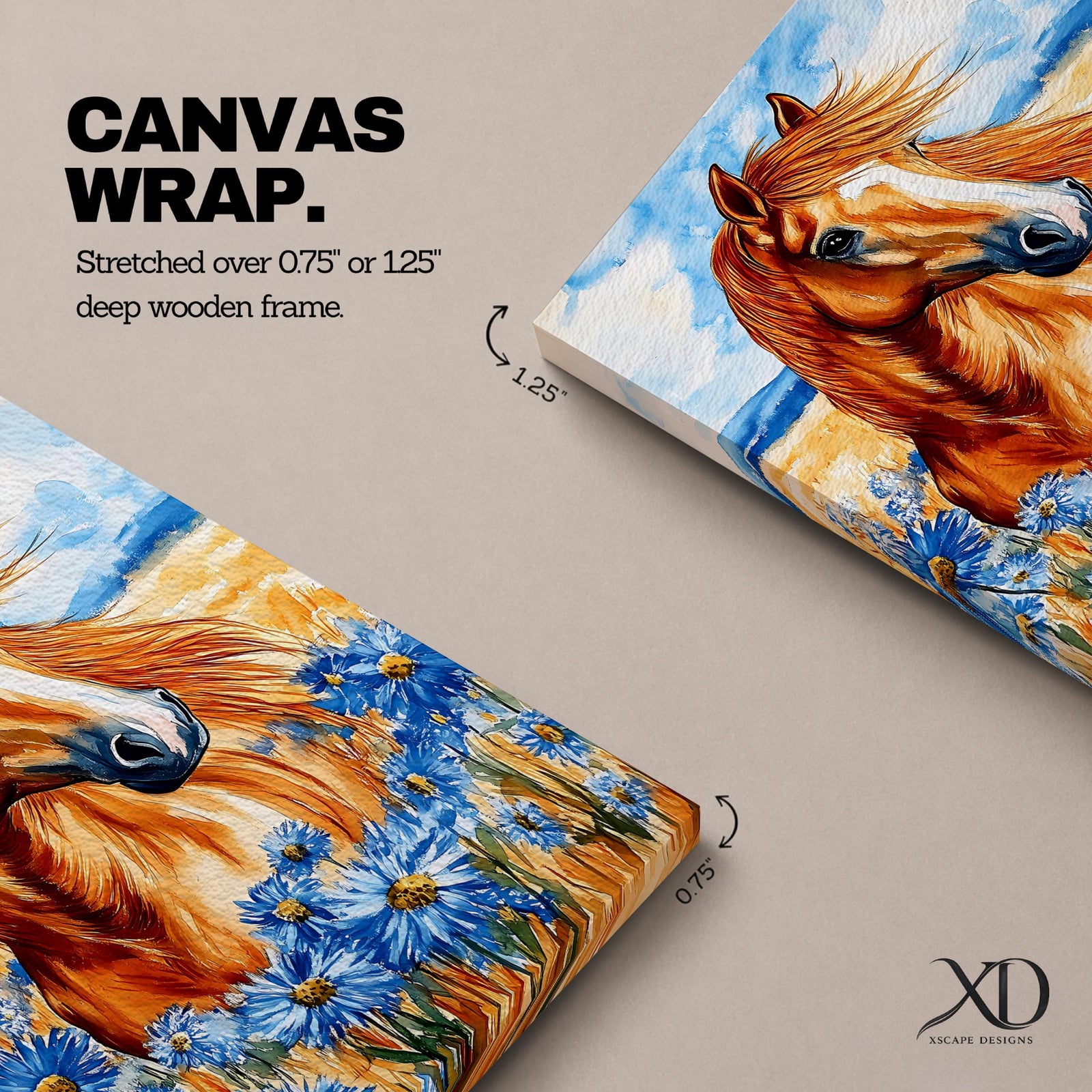 A vibrant watercolor painting of a wild horse with flowing mane standing amidst blue wildflowers in a natural field setting. The artwork captures the horse’s dynamic presence and the delicate floral details with expressive brushstrokes and rich colors, emphasizing a rustic and natural animal theme.