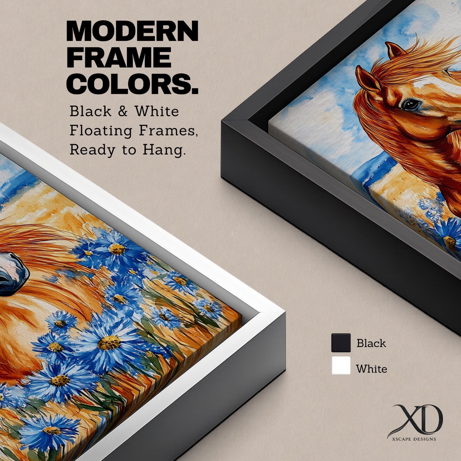A vibrant watercolor painting of a wild horse with flowing mane standing amidst blue wildflowers in a natural field setting. The artwork captures the horse’s dynamic presence and the delicate floral details with expressive brushstrokes and rich colors, emphasizing a rustic and natural animal theme.