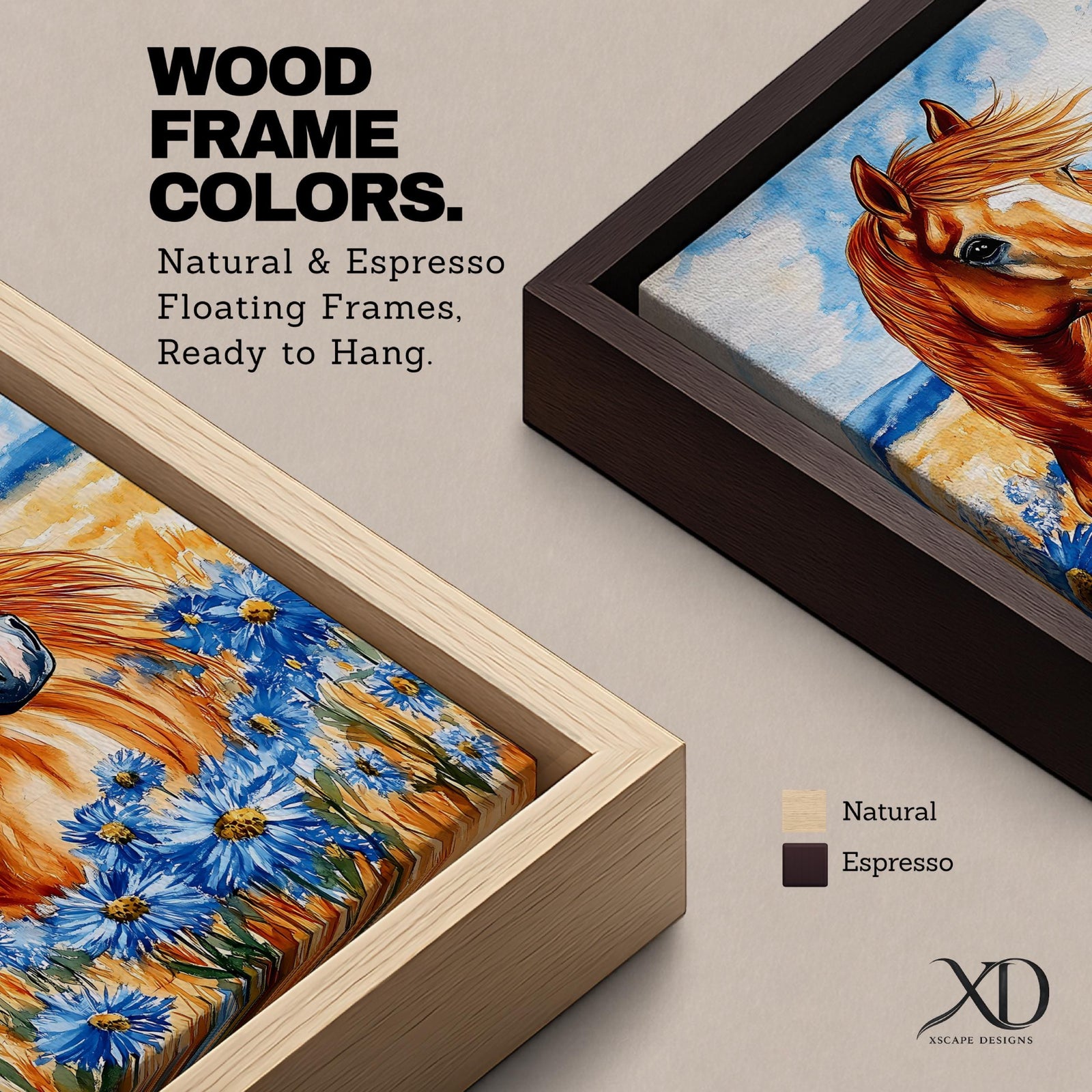 A vibrant watercolor painting of a wild horse with flowing mane standing amidst blue wildflowers in a natural field setting. The artwork captures the horse’s dynamic presence and the delicate floral details with expressive brushstrokes and rich colors, emphasizing a rustic and natural animal theme.