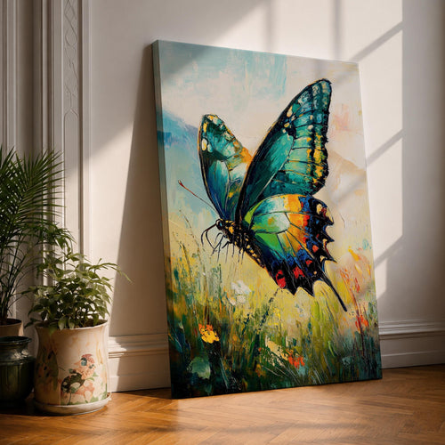 An impasto style oil painting of a vibrant swallowtail butterfly perched among wildflowers and grasses. The textured brushstrokes emphasize the butterfly’s detailed wings with shades of blue, green, yellow, and red, set against a soft, blurred natural background evoking a lively botanical scene.