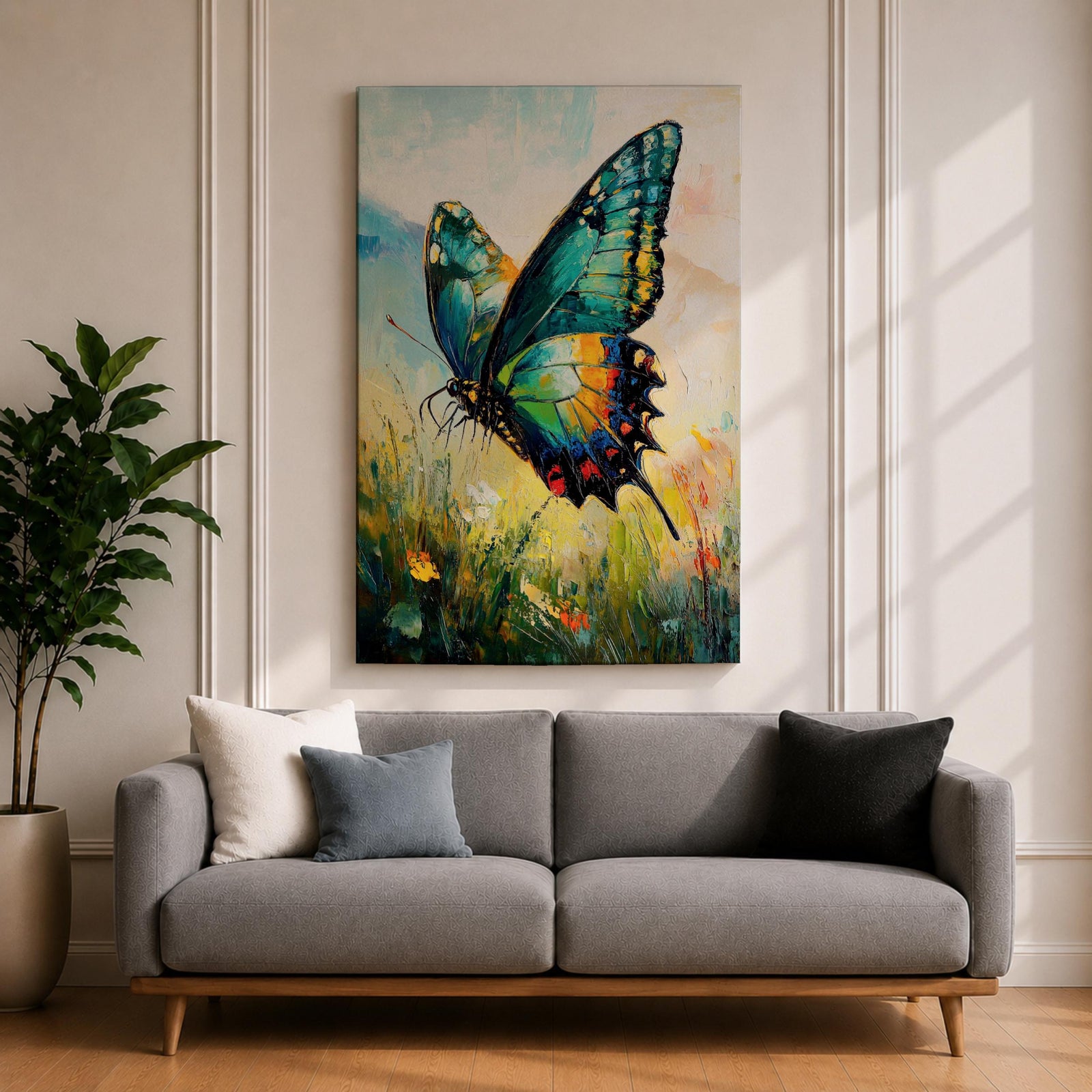 An impasto style oil painting of a vibrant swallowtail butterfly perched among wildflowers and grasses. The textured brushstrokes emphasize the butterfly’s detailed wings with shades of blue, green, yellow, and red, set against a soft, blurred natural background evoking a lively botanical scene.