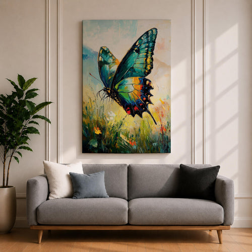 An impasto style oil painting of a vibrant swallowtail butterfly perched among wildflowers and grasses. The textured brushstrokes emphasize the butterfly’s detailed wings with shades of blue, green, yellow, and red, set against a soft, blurred natural background evoking a lively botanical scene.