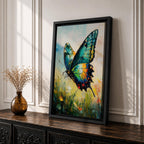 An impasto style oil painting of a vibrant swallowtail butterfly perched among wildflowers and grasses. The textured brushstrokes emphasize the butterfly’s detailed wings with shades of blue, green, yellow, and red, set against a soft, blurred natural background evoking a lively botanical scene.