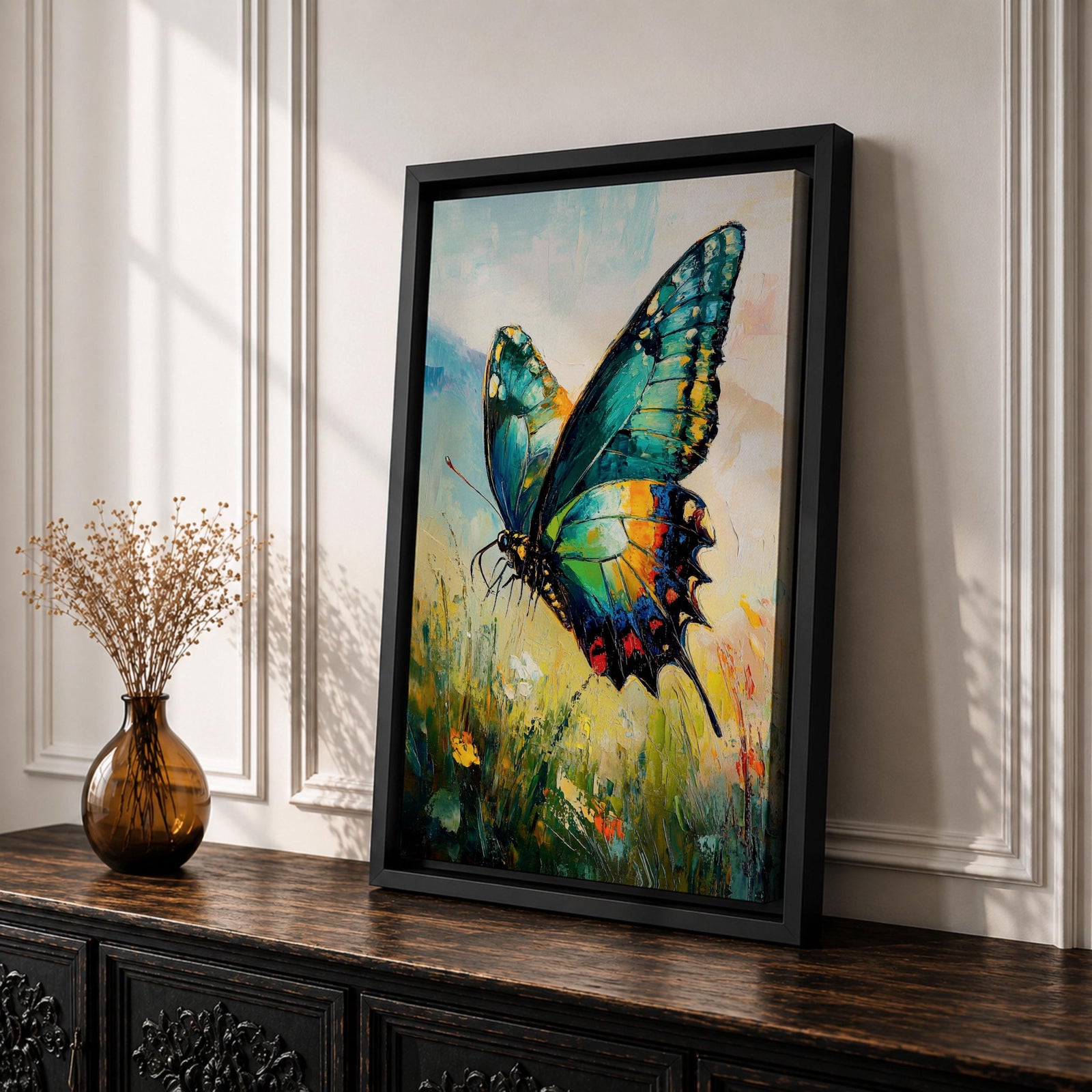 An impasto style oil painting of a vibrant swallowtail butterfly perched among wildflowers and grasses. The textured brushstrokes emphasize the butterfly’s detailed wings with shades of blue, green, yellow, and red, set against a soft, blurred natural background evoking a lively botanical scene.