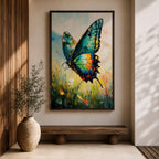 An impasto style oil painting of a vibrant swallowtail butterfly perched among wildflowers and grasses. The textured brushstrokes emphasize the butterfly’s detailed wings with shades of blue, green, yellow, and red, set against a soft, blurred natural background evoking a lively botanical scene.
