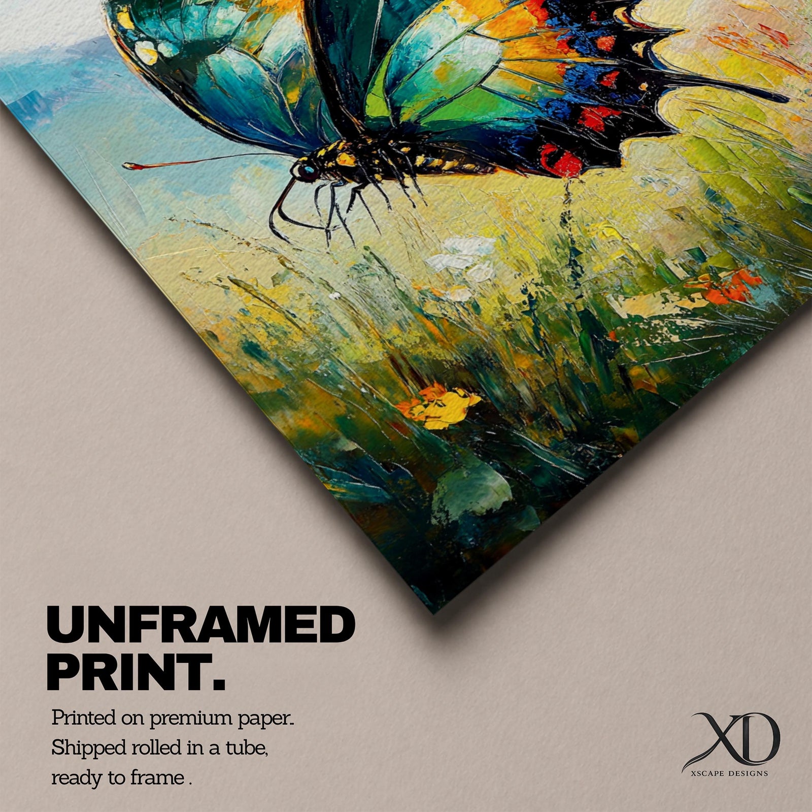 An impasto style oil painting of a vibrant swallowtail butterfly perched among wildflowers and grasses. The textured brushstrokes emphasize the butterfly’s detailed wings with shades of blue, green, yellow, and red, set against a soft, blurred natural background evoking a lively botanical scene.