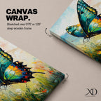 An impasto style oil painting of a vibrant swallowtail butterfly perched among wildflowers and grasses. The textured brushstrokes emphasize the butterfly’s detailed wings with shades of blue, green, yellow, and red, set against a soft, blurred natural background evoking a lively botanical scene.