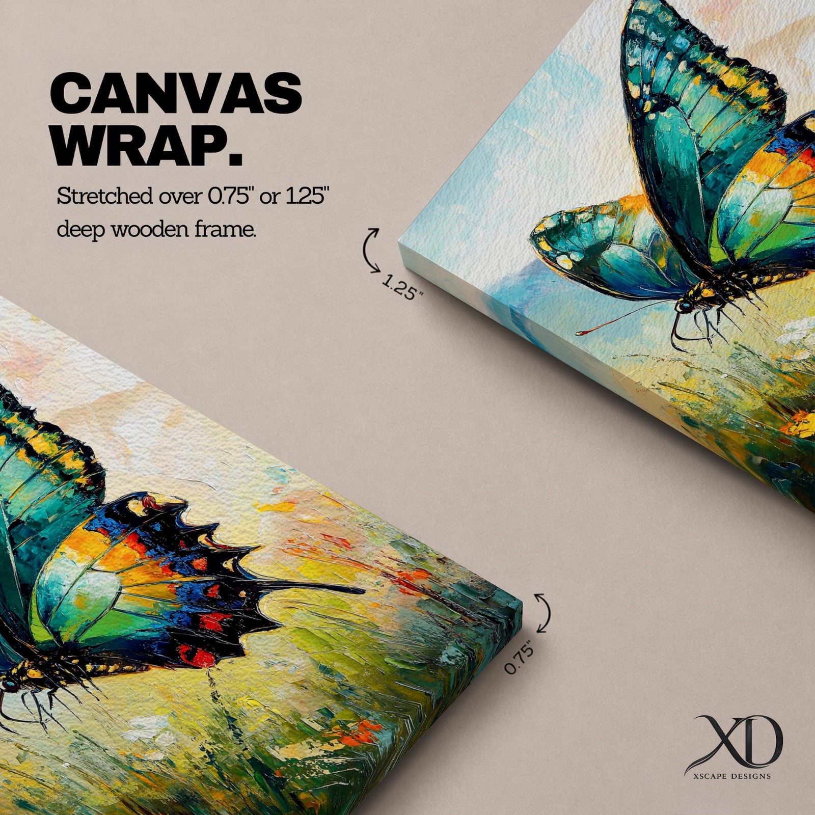 An impasto style oil painting of a vibrant swallowtail butterfly perched among wildflowers and grasses. The textured brushstrokes emphasize the butterfly’s detailed wings with shades of blue, green, yellow, and red, set against a soft, blurred natural background evoking a lively botanical scene.