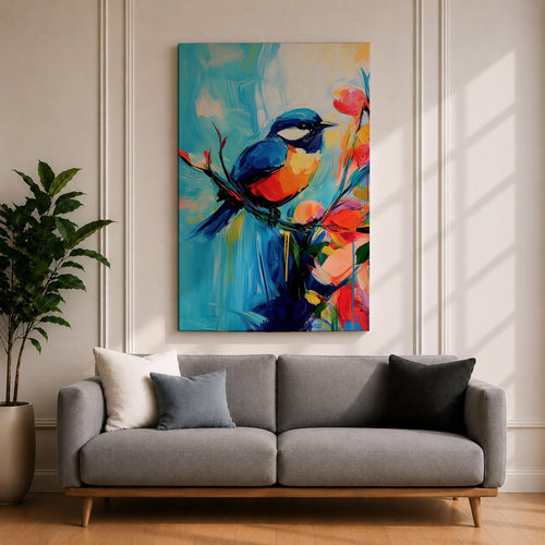 A vibrant abstract painting of a bird perched on a branch surrounded by colorful flowers. The artwork features bold brushstrokes and a dynamic composition emphasizing the bird’s blue and orange plumage against a bright, painterly background.