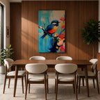 A vibrant abstract painting of a bird perched on a branch surrounded by colorful flowers. The artwork features bold brushstrokes and a dynamic composition emphasizing the bird’s blue and orange plumage against a bright, painterly background.